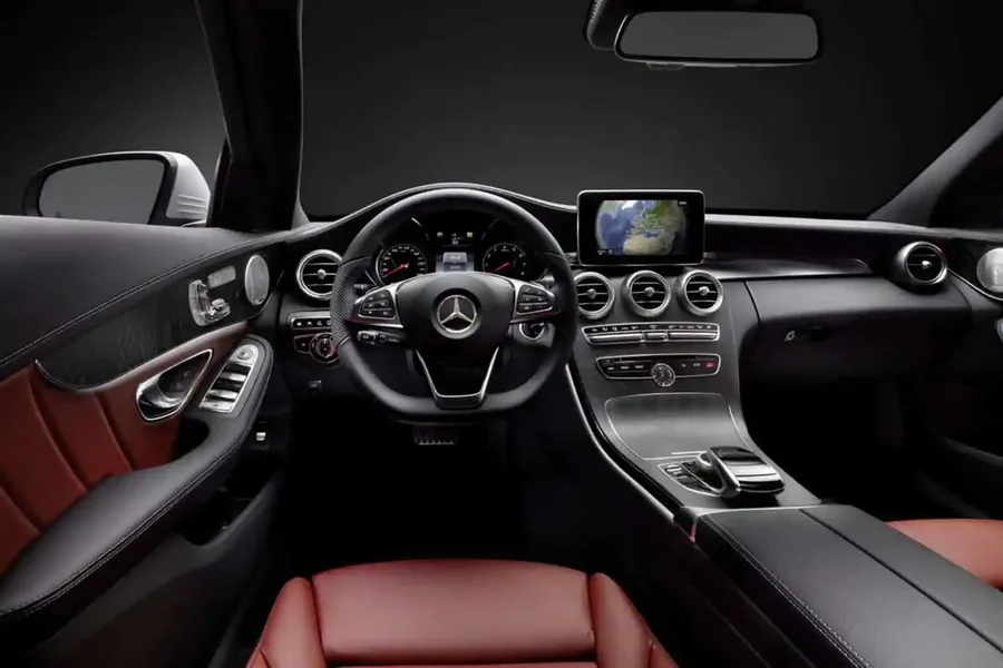 Front cabin with leather seats, dashboard and climate controls